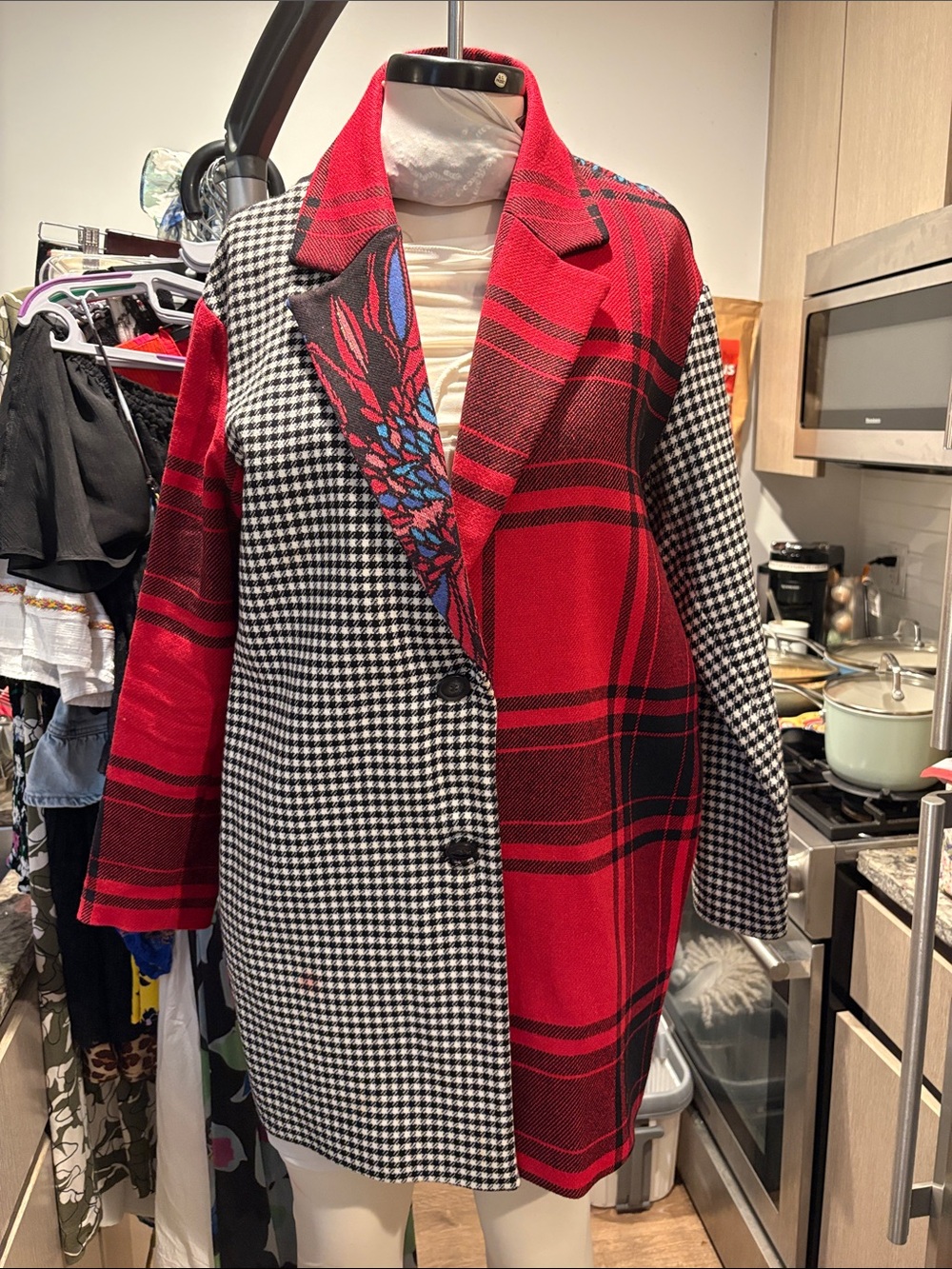 Red & Black Plaid Mixed-Pattern Women's Coat
